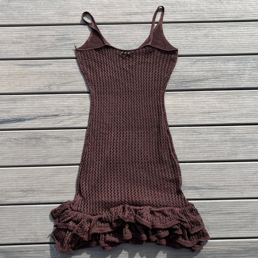 Brown Fishnet; Slip On; Swim Cover Dress; Spaghetti Straps; Ruffled Bottom; L - Picture 10 of 10